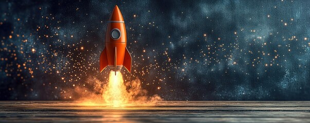 Small orange rocket launching with fire and smoke on a textured surface against a dark starry background conveying excitement and adventure