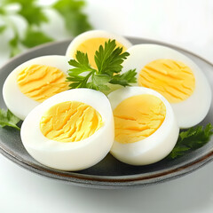 Sliced Boiled Eggs with Parsley Garnish on Plate