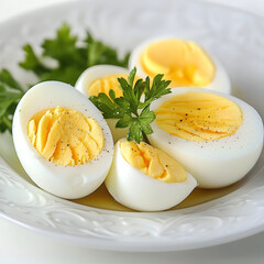 Sliced Boiled Eggs with Parsley Garnish on Plate