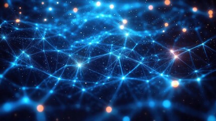 Abstract visualization of interconnected glowing blue nodes and network lines floating in dark space with light particles and depth effect