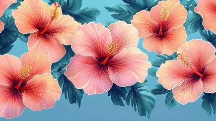 Close-up view of multiple vibrant pink and peach hibiscus flowers with detailed petals and bright yellow stamens against a soft blue background with green leaves