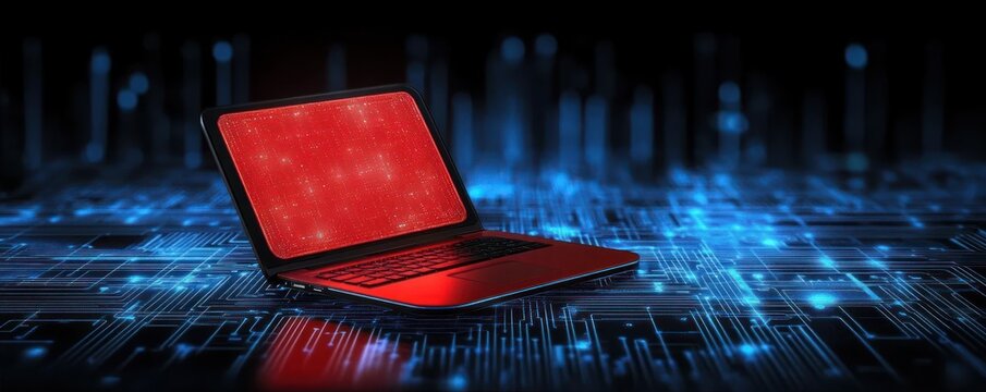 Open laptop with bright red glowing screen surrounded by blue digital circuit patterns and lines in a futuristic high-tech environment