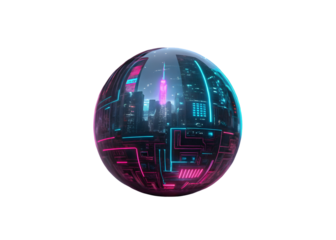 Cyberpunk neon city with glowing skyscrapers in futuristic sci fi landscape, holographic displays and dystopian architecture in vibrant colors, 3D render digital art, png file isolated on transparent 