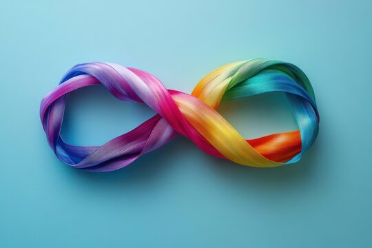 Colorful satin ribbon twisted into an infinity loop on a light blue background symbolizing continuity and creativity - Powered by Adobe