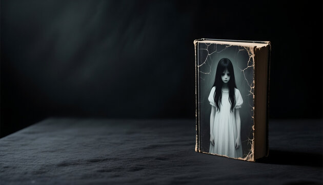 Book with cracked cover featuring eerie ghostly girl illustration  