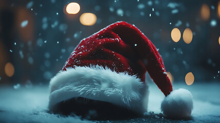 A santa hat sits on a surface with falling snow and bokeh lights in the background on a winter night