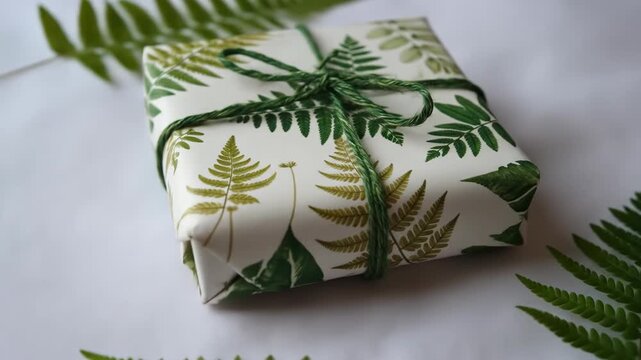 Fern gift box with green string, botanical print paper on white sheet