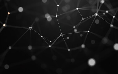 Obraz premium Abstract network of interconnected white dots and lines forming a complex web pattern on a dark blurred background evoking connection and technology
