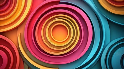 Close-up of colorful concentric circular patterns with layered rings in red, orange, yellow, pink, and teal tones creating a vibrant abstract composition