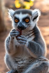 Fototapeta premium close-up of a ring-tailed lemur intently holding and eating a cluster of red berries with bright orange eyes in soft natural light
