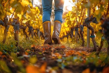 person wearing rubber boots walking through a vineyard with ripe grapes hanging from vines in golden autumn light