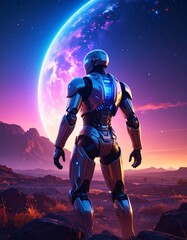 Fototapeta premium Futuristic robot gazing at a vibrant alien moon