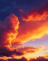 Naklejka premium Dramatic sunset sky with vibrant orange, yellow, and purple clouds glowing against a deepening blue evening backdrop