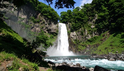 Lush waterfall cascading down rocky cliffs