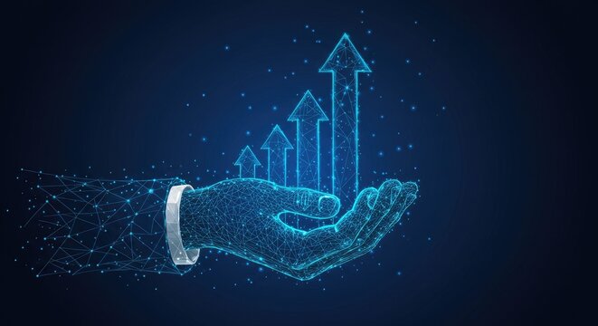 Abstract digital hand of businessman holding upward arrows, symbolizing success, growth, and business strategy in futuristic low-poly wireframe style on a blue tech background.
