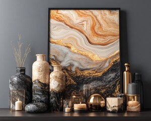 Modern art print, decorative vases, candles,  gold accents