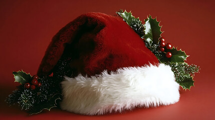 Still life of a red santa hat with white trim and holly berries on a red background in soft lighting