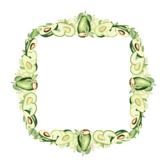 Avocado whole with leaves and flowers watercolor frame isolated illustration. Square template card for food and cosmetic desing. Hand drawn exotic tropical fruit, healthy eating of green vegetable.