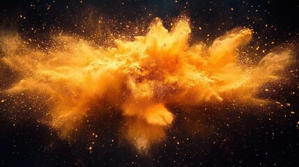 vivid explosion of orange powder particles captured mid-air against black background showing dynamic dispersion and energy