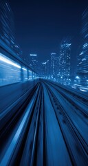 Fototapeta premium Blurry night cityscape, train tracks. Urban motion blur