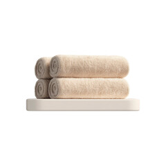Stack of Rolled Beige Bath Towels on White Shelf