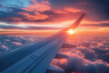 A view from an airplane window showing the wing amidst vibrant clouds illuminated by the warm golden light of a dramatic sunset