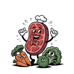 Obraz premium A cheerful steak character, dressed as a chef, stands triumphantly over sad vegetables in a bold, comic-style illustration T-Shirt Design