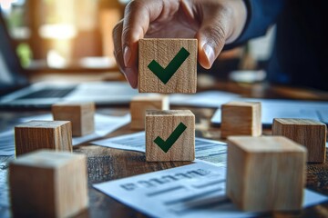 Hand placing wooden block with green check mark among other wooden blocks and documents on table suggesting approval and decision making