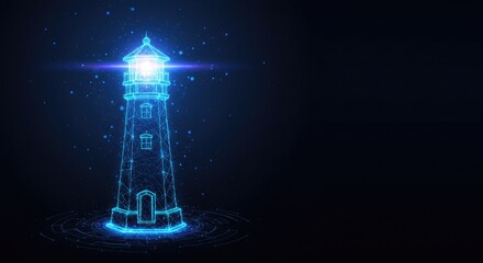 Abstract digital lighthouse with glowing beam on dark blue tech background, symbolizing guidance and business vision in futuristic low-poly wireframe style.
