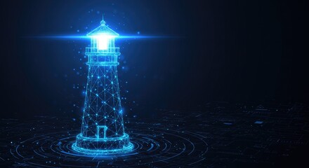 Abstract digital lighthouse with glowing beam on dark blue tech background, symbolizing guidance and business vision in futuristic low-poly wireframe style.
