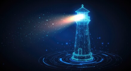 Abstract digital lighthouse with glowing beam on dark blue tech background, symbolizing guidance and business vision in futuristic low-poly wireframe style.
