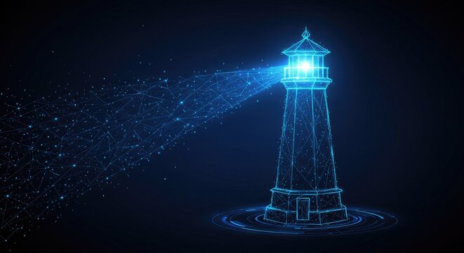 Abstract digital lighthouse with glowing beam on dark blue tech background, symbolizing guidance and business vision in futuristic low-poly wireframe style.
