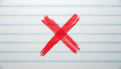 Red X mark on lined notebook paper background  