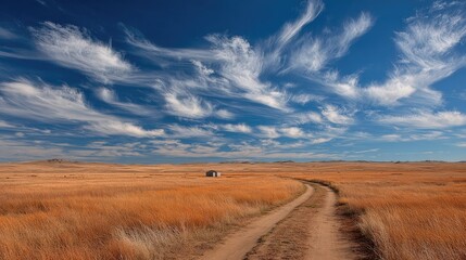 Fototapeta premium Prairie landscape, lone cabin, dramatic clouds