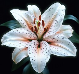 Close-up of a white lily flower with soft pink accents and dark speckles on petals against a dark background