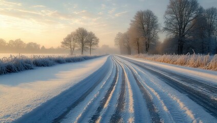Obraz premium Snow-covered rural road flanked by frost-coated trees and grasses under a soft pastel sunrise sky creating a peaceful and calm winter atmosphere