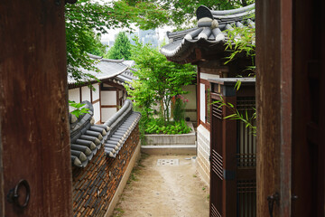 Dirt pathway going through an entryway to a traditional Korean hanok style home surrounded by green foliage