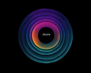 Concentric colorful layered oval rings radiating outward from a central black circle with text 'doore' creating a vibrant abstract design