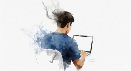 A watercolor painting of the back of a man concentrating on work on a laptop