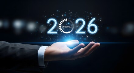 Obraz premium Businessman holding a futuristic 2026 year loading concept on dark background