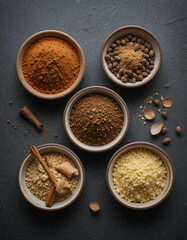 Collection of various spices in bowls on a dark surface, culinary art, copy space