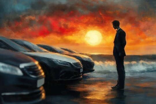 Silhouetted man standing on a reflective wet surface facing a row of sleek cars under a fiery sunset sky with dramatic clouds