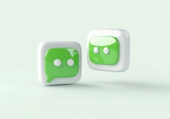 Two green and white 3D chat bubble icons floating on a light background representing communication