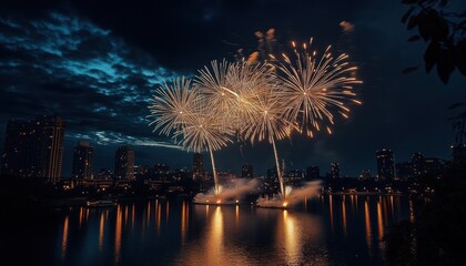Bright golden fireworks bursting over city skyline reflected on calm river during night with dark blue sky