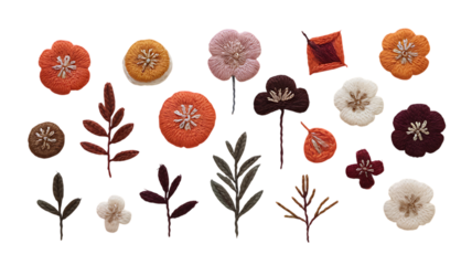 A Collection of Exquisite Hand-Embroidered Felt Flowers and Leaves isolated on white background , cutout