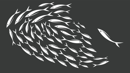School of fish illustration on black background, depicting a large group swimming together, creating a dynamic and visually captivating marine scene