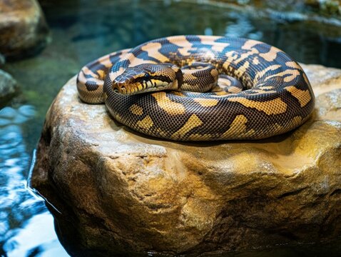 A Burmese python basking on a warm rock, its massive body elegantly coiled