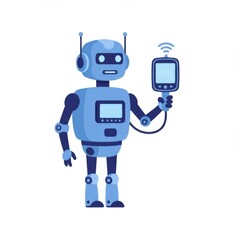 Blue Pixel Art Robot Holding a Digital Device