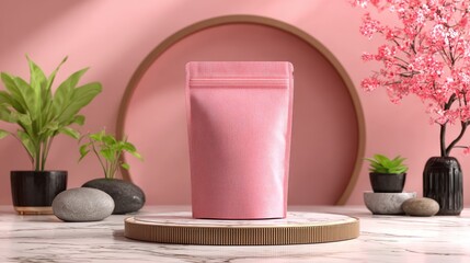 Pink pouch on marble pedestal