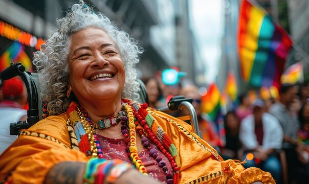 Happy disabled mature black lesbian with pink hair in wheelchair at summer office party. diversity at pride month. Inclusive elderly gay woman